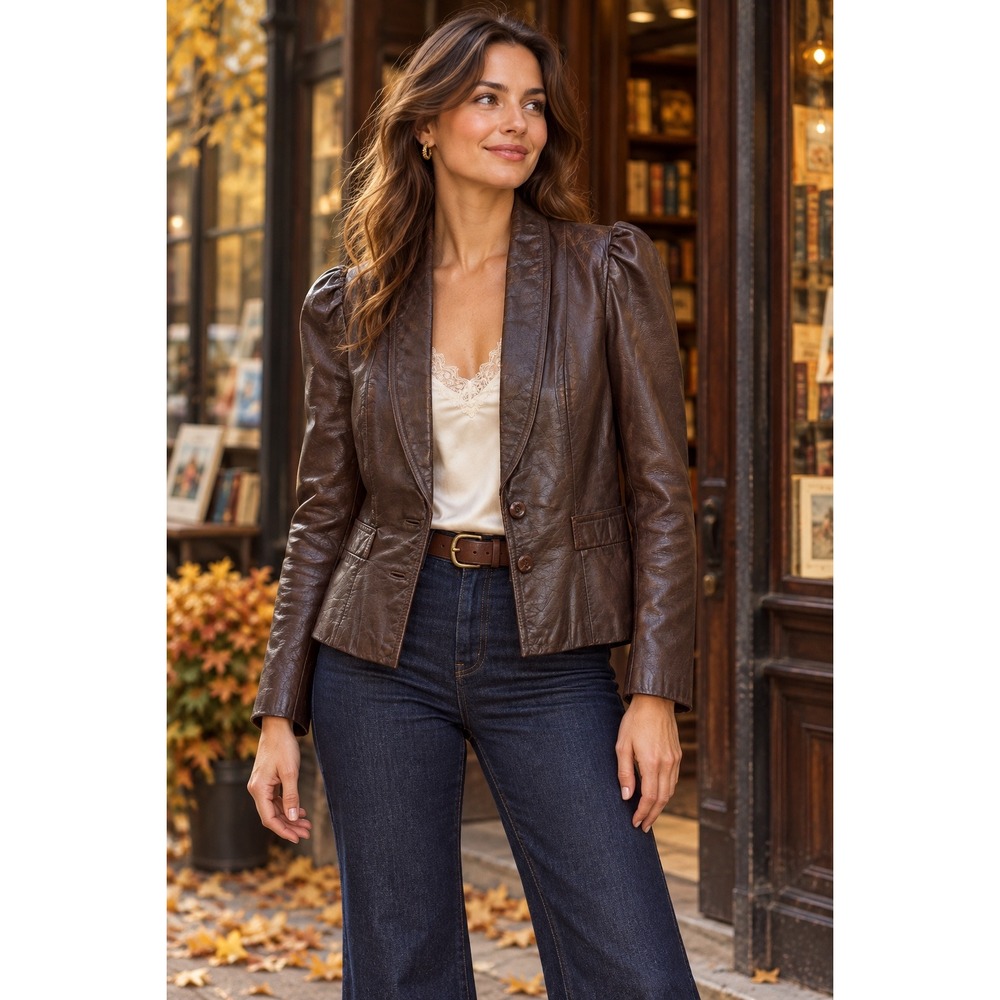 Vintage Leather Dark Academia Blazer Jacket Puffed Shoulder Retro Brown Sz 10